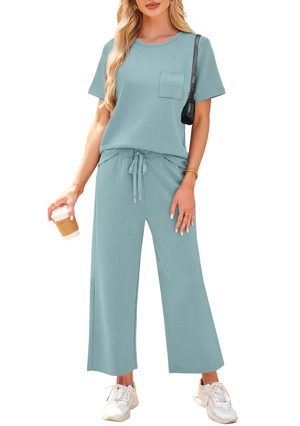 WIHOLL 2 Piece Sets for Women Casual Summer Travel Vacation Outfits Short Sleeve Wide Leg Crop Pants Lounge Sets - 7DAY'S