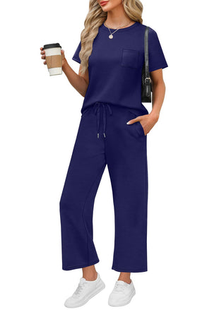WIHOLL 2 Piece Sets for Women Casual Summer Travel Vacation Outfits Short Sleeve Wide Leg Crop Pants Lounge Sets - 7DAY'S
