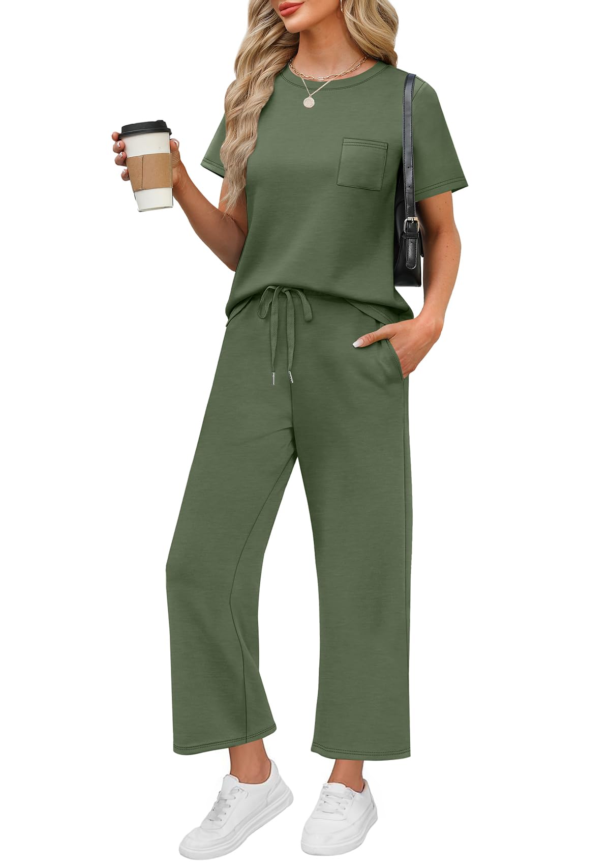 WIHOLL 2 Piece Sets for Women Casual Summer Travel Vacation Outfits Short Sleeve Wide Leg Crop Pants Lounge Sets - 7DAY'S