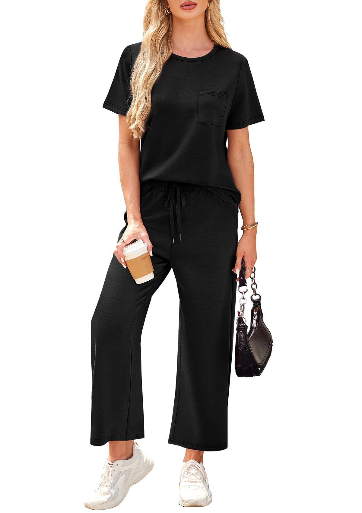 WIHOLL 2 Piece Sets for Women Casual Summer Travel Vacation Outfits Short Sleeve Wide Leg Crop Pants Lounge Sets - 7DAY'S