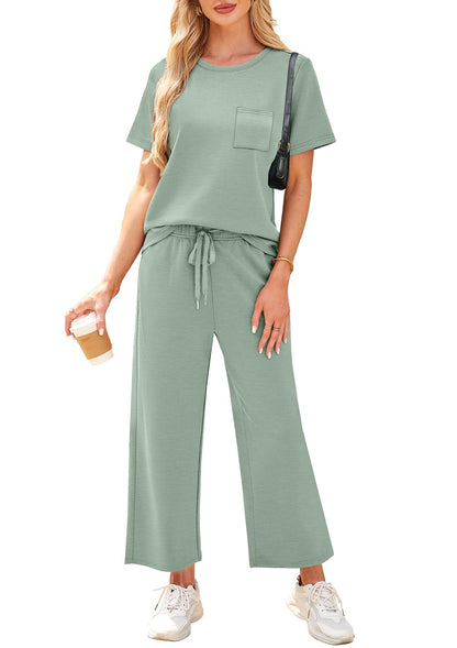WIHOLL 2 Piece Sets for Women Casual Summer Travel Vacation Outfits Short Sleeve Wide Leg Crop Pants Lounge Sets - 7DAY'S