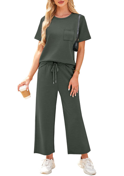 WIHOLL 2 Piece Sets for Women Casual Summer Travel Vacation Outfits Short Sleeve Wide Leg Crop Pants Lounge Sets - 7DAY'S