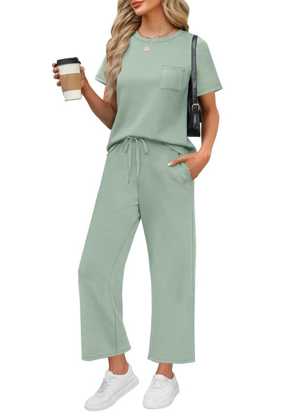 WIHOLL 2 Piece Sets for Women Casual Summer Travel Vacation Outfits Short Sleeve Wide Leg Crop Pants Lounge Sets - 7DAY'S