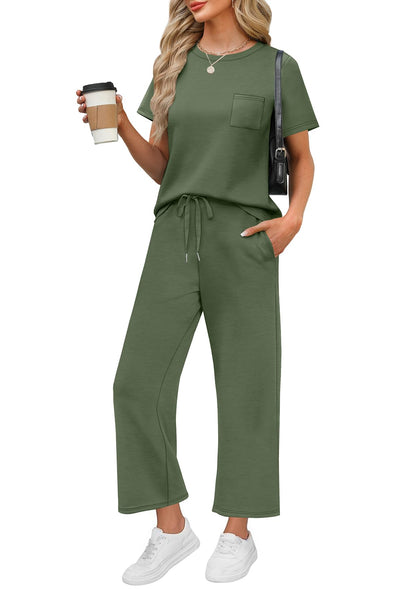 WIHOLL 2 Piece Sets for Women Casual Summer Travel Vacation Outfits Short Sleeve Wide Leg Crop Pants Lounge Sets - 7DAY'S