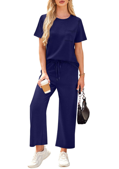 WIHOLL 2 Piece Sets for Women Casual Summer Travel Vacation Outfits Short Sleeve Wide Leg Crop Pants Lounge Sets - 7DAY'S