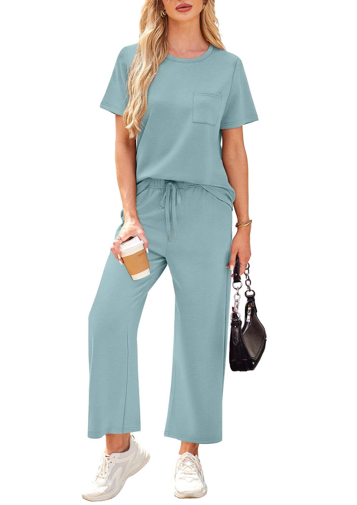 WIHOLL 2 Piece Sets for Women Casual Summer Travel Vacation Outfits Short Sleeve Wide Leg Crop Pants Lounge Sets - 7DAY'S