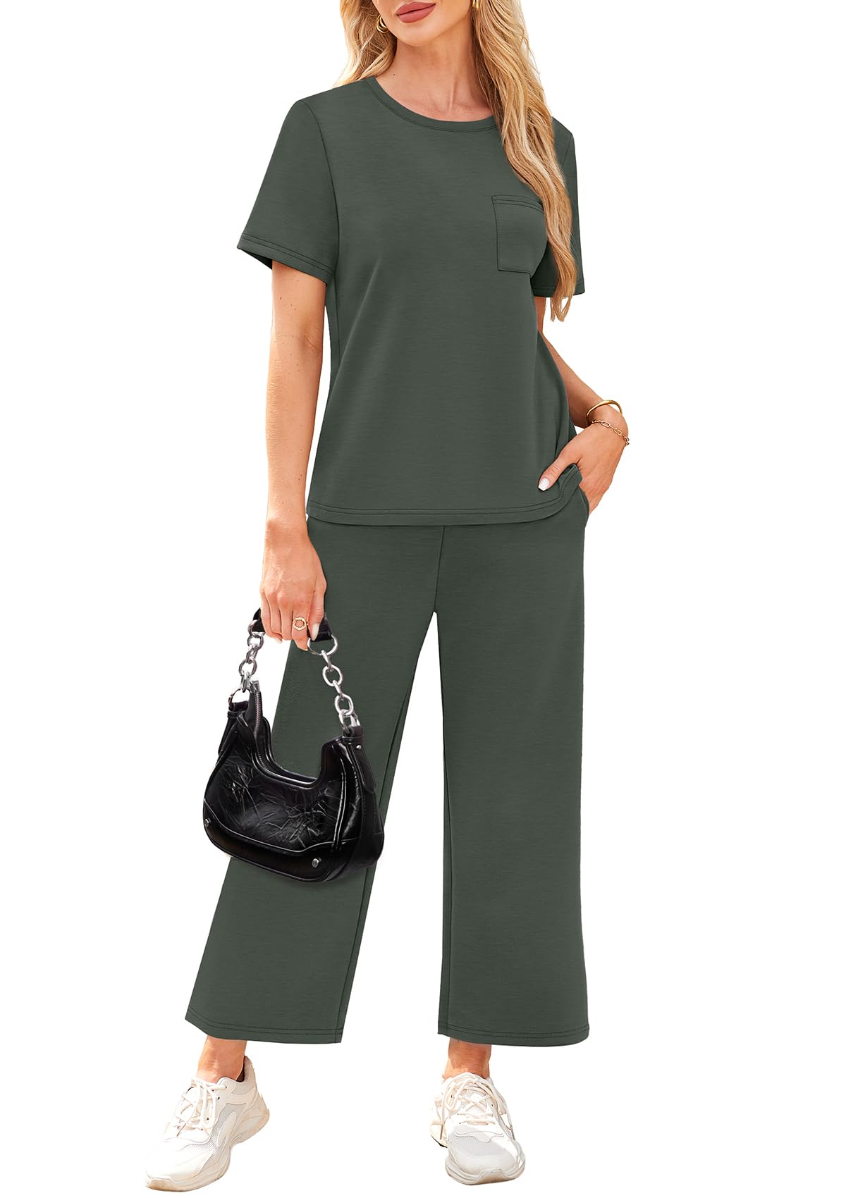 WIHOLL 2 Piece Sets for Women Casual Summer Travel Vacation Outfits Short Sleeve Wide Leg Crop Pants Lounge Sets - 7DAY'S