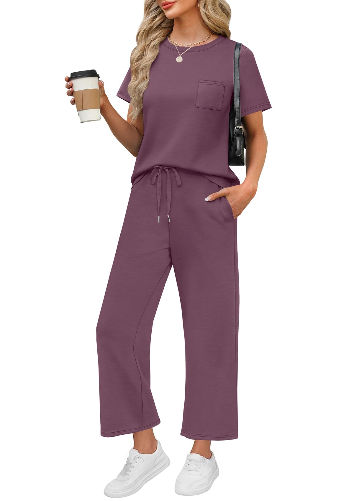 WIHOLL 2 Piece Sets for Women Casual Summer Travel Vacation Outfits Short Sleeve Wide Leg Crop Pants Lounge Sets - 7DAY'S