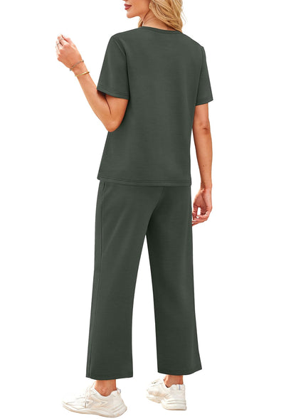 WIHOLL 2 Piece Sets for Women Casual Summer Travel Vacation Outfits Short Sleeve Wide Leg Crop Pants Lounge Sets - 7DAY'S