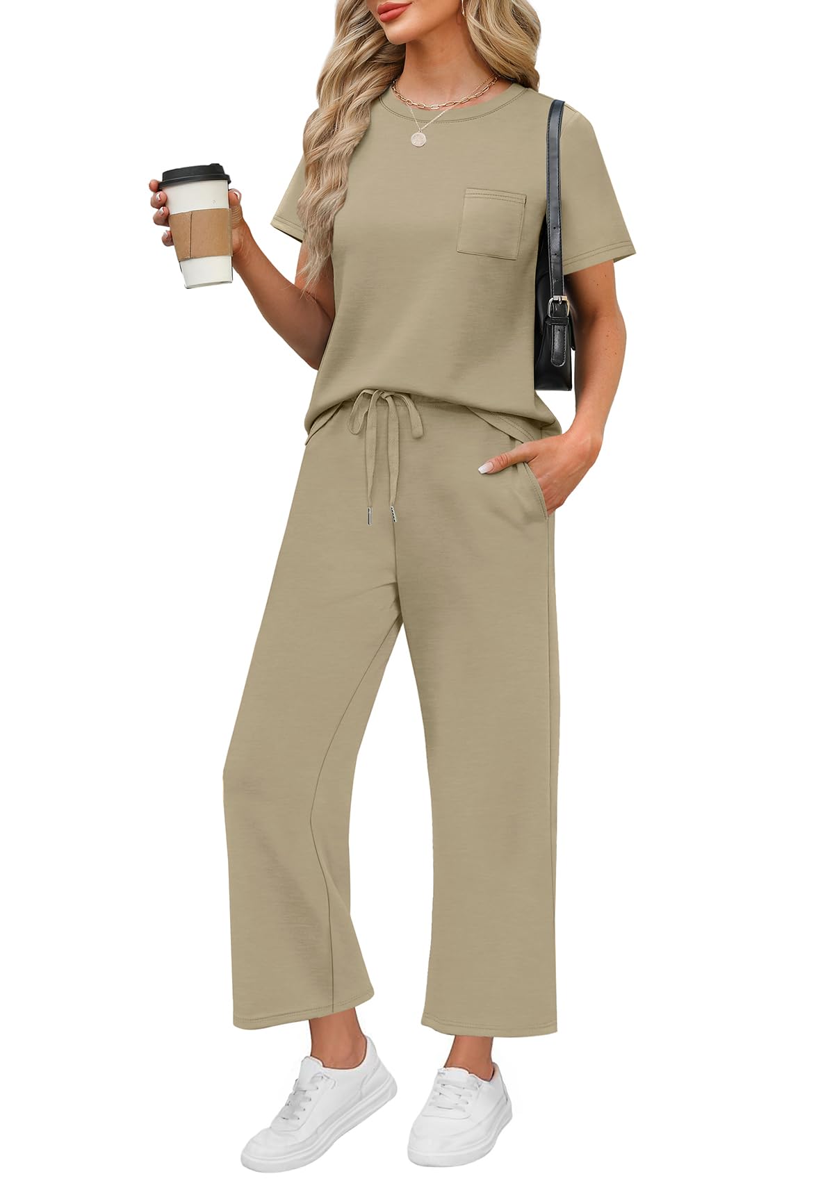 WIHOLL 2 Piece Sets for Women Casual Summer Travel Vacation Outfits Short Sleeve Wide Leg Crop Pants Lounge Sets - 7DAY'S