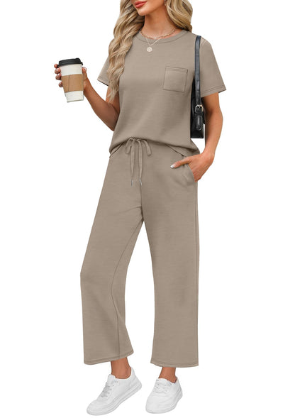 WIHOLL 2 Piece Sets for Women Casual Summer Travel Vacation Outfits Short Sleeve Wide Leg Crop Pants Lounge Sets - 7DAY'S