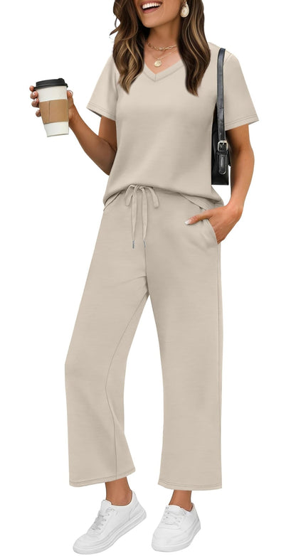 WIHOLL 2 Piece Sets for Women Summer Lounge Set Wide Leg Pants Matching Set Vacation Travel Outfits Beach Clothing - 7DAY'S