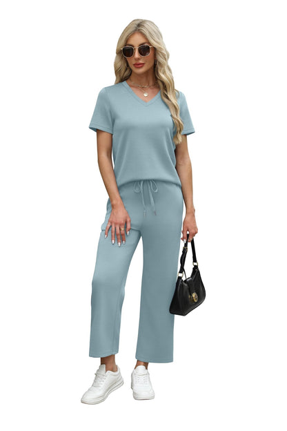 WIHOLL 2 Piece Sets for Women Summer Lounge Set Wide Leg Pants Matching Set Vacation Travel Outfits Beach Clothing - 7DAY'S