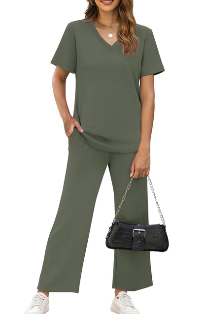 WIHOLL 2 Piece Sets for Women Summer Lounge Set Wide Leg Pants Matching Set Vacation Travel Outfits Beach Clothing - 7DAY'S