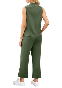 WIHOLL 2 Piece Sets for Women Summer Travel Vacation Outfits Casual Mock Neck Wide Leg Crop Pants Lounge Sets - 7DAY'S