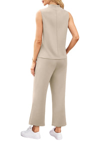 WIHOLL 2 Piece Sets for Women Summer Travel Vacation Outfits Casual Mock Neck Wide Leg Crop Pants Lounge Sets - 7DAY'S