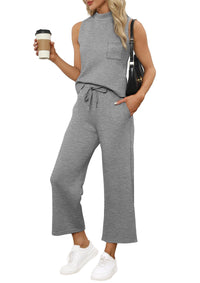 WIHOLL 2 Piece Sets for Women Summer Travel Vacation Outfits Casual Mock Neck Wide Leg Crop Pants Lounge Sets - 7DAY'S