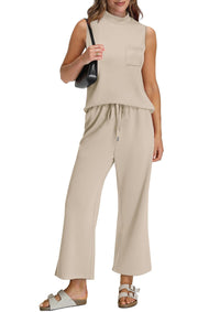 WIHOLL 2 Piece Sets for Women Summer Travel Vacation Outfits Casual Mock Neck Wide Leg Crop Pants Lounge Sets - 7DAY'S