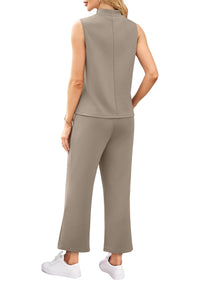 WIHOLL 2 Piece Sets for Women Summer Travel Vacation Outfits Casual Mock Neck Wide Leg Crop Pants Lounge Sets - 7DAY'S