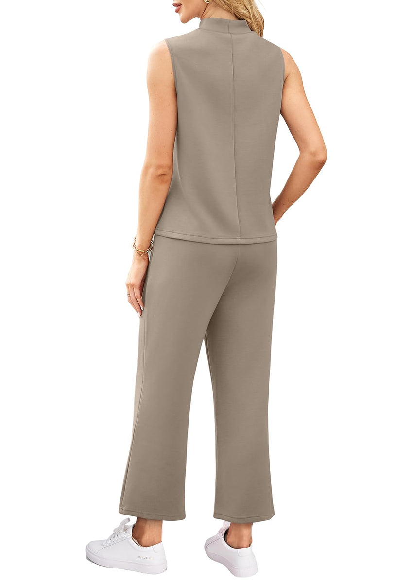 WIHOLL 2 Piece Sets for Women Summer Travel Vacation Outfits Casual Mock Neck Wide Leg Crop Pants Lounge Sets - 7DAY'S
