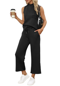 WIHOLL 2 Piece Sets for Women Summer Travel Vacation Outfits Casual Mock Neck Wide Leg Crop Pants Lounge Sets - 7DAY'S