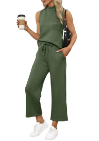 WIHOLL 2 Piece Sets for Women Summer Travel Vacation Outfits Casual Mock Neck Wide Leg Crop Pants Lounge Sets - 7DAY'S