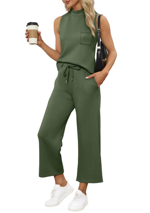 WIHOLL 2 Piece Sets for Women Summer Travel Vacation Outfits Casual Mock Neck Wide Leg Crop Pants Lounge Sets - 7DAY'S