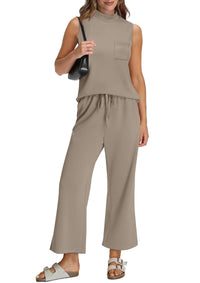 WIHOLL 2 Piece Sets for Women Summer Travel Vacation Outfits Casual Mock Neck Wide Leg Crop Pants Lounge Sets - 7DAY'S