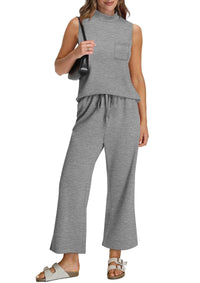 WIHOLL 2 Piece Sets for Women Summer Travel Vacation Outfits Casual Mock Neck Wide Leg Crop Pants Lounge Sets - 7DAY'S