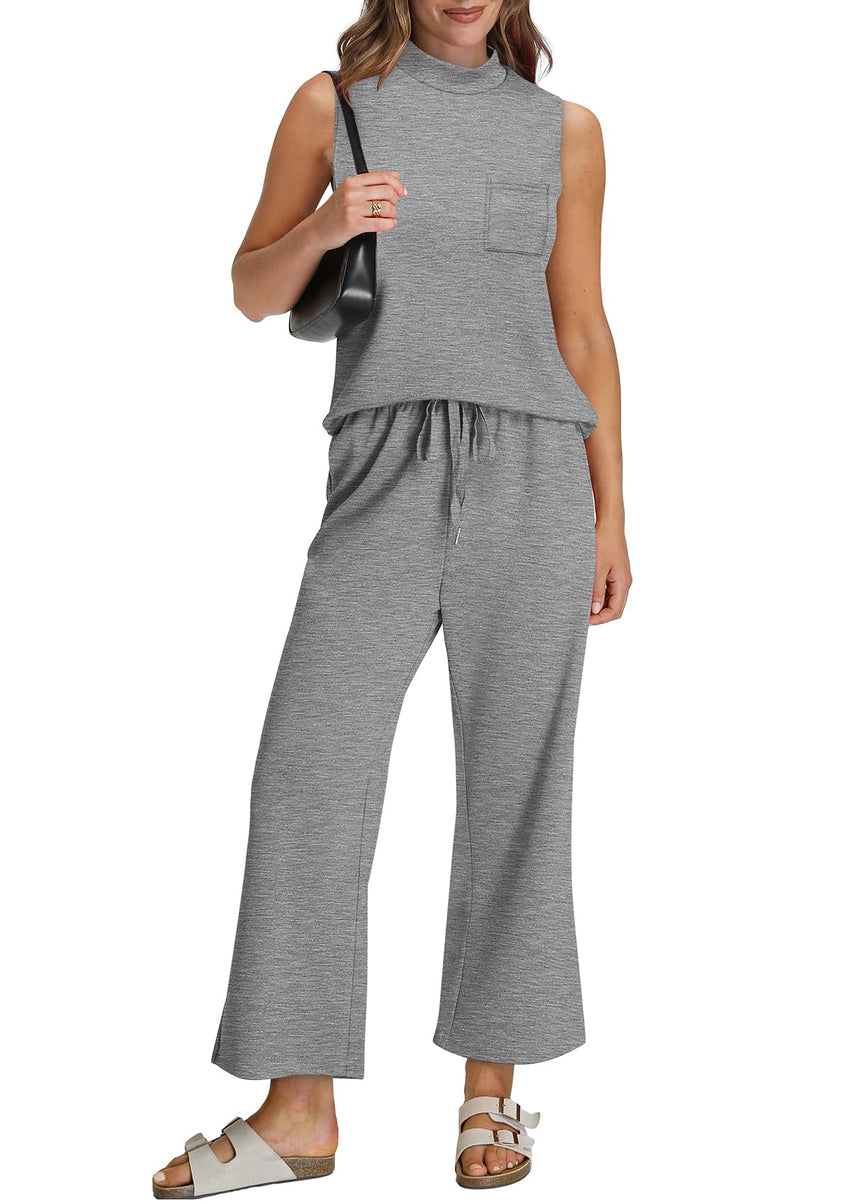 WIHOLL 2 Piece Sets for Women Summer Travel Vacation Outfits Casual Mock Neck Wide Leg Crop Pants Lounge Sets - 7DAY'S