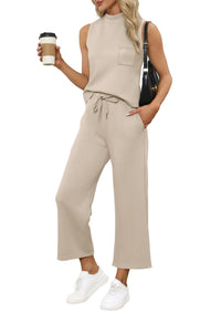 WIHOLL 2 Piece Sets for Women Summer Travel Vacation Outfits Casual Mock Neck Wide Leg Crop Pants Lounge Sets - 7DAY'S