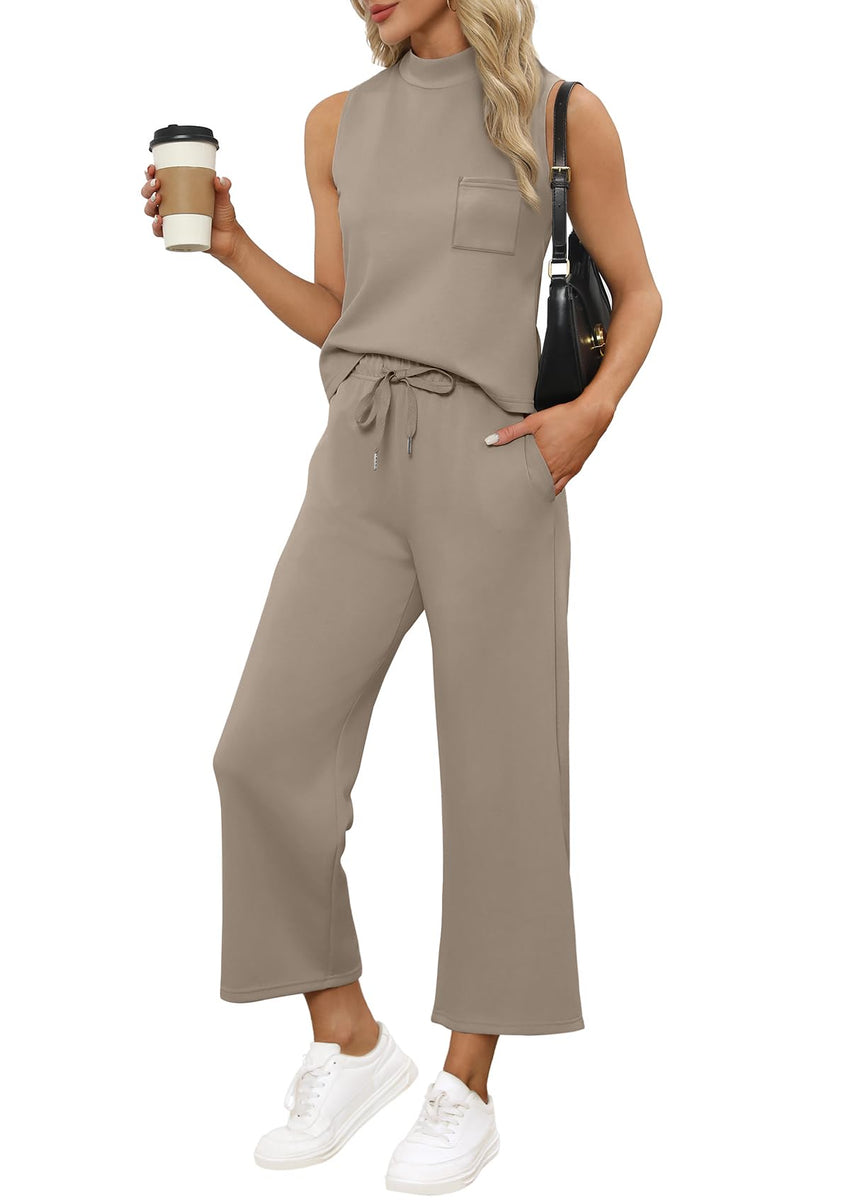 WIHOLL 2 Piece Sets for Women Summer Travel Vacation Outfits Casual Mock Neck Wide Leg Crop Pants Lounge Sets - 7DAY'S