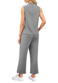 WIHOLL 2 Piece Sets for Women Summer Travel Vacation Outfits Casual Mock Neck Wide Leg Crop Pants Lounge Sets - 7DAY'S
