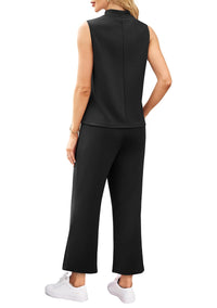WIHOLL 2 Piece Sets for Women Summer Travel Vacation Outfits Casual Mock Neck Wide Leg Crop Pants Lounge Sets - 7DAY'S