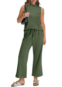 WIHOLL 2 Piece Sets for Women Summer Travel Vacation Outfits Casual Mock Neck Wide Leg Crop Pants Lounge Sets - 7DAY'S