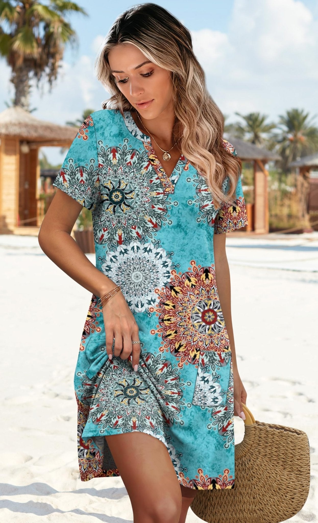 WIHOLL Dresses for Women 2025 Casual Summer V Neck Wedding Guest Dress Short Sleeve Fashion Beach Vacation Clothes - 7DAY'S
