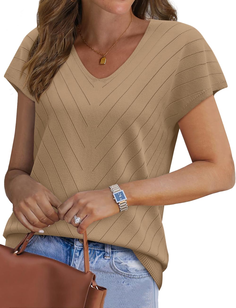 WIHOLL Short Sleeve Sweater for Women V Neck Trendy Summer Tops 2025 Beach Vacation Clothes Travel Business Casual Outfits - 7DAY'S