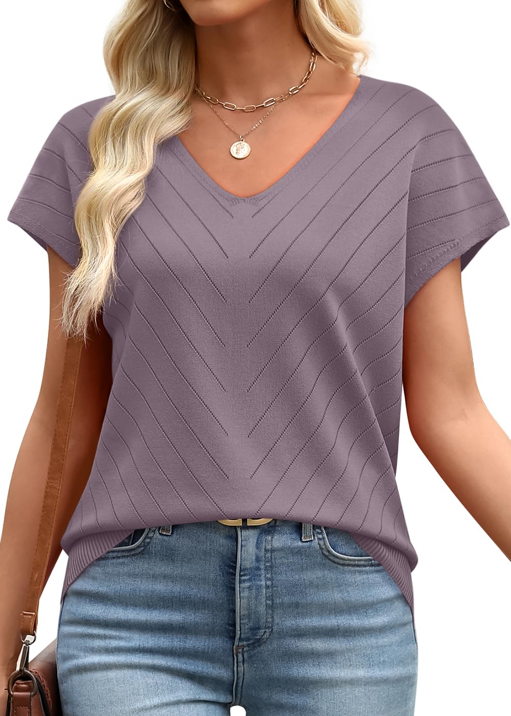 WIHOLL Short Sleeve Sweater for Women V Neck Trendy Summer Tops 2025 Beach Vacation Clothes Travel Business Casual Outfits - 7DAY'S