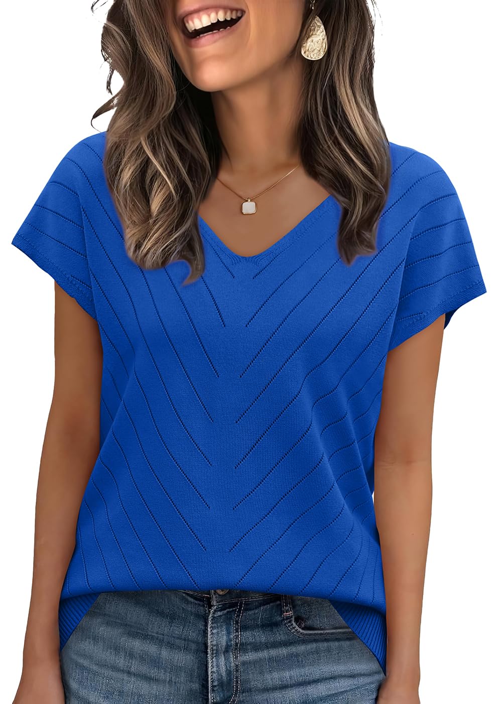 WIHOLL Short Sleeve Sweater for Women V Neck Trendy Summer Tops 2025 Beach Vacation Clothes Travel Business Casual Outfits - 7DAY'S