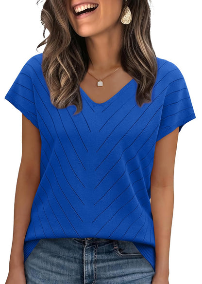 WIHOLL Short Sleeve Sweater for Women V Neck Trendy Summer Tops 2025 Beach Vacation Clothes Travel Business Casual Outfits - 7DAY'S