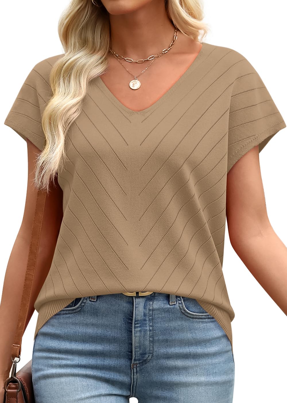 WIHOLL Short Sleeve Sweater for Women V Neck Trendy Summer Tops 2025 Beach Vacation Clothes Travel Business Casual Outfits - 7DAY'S