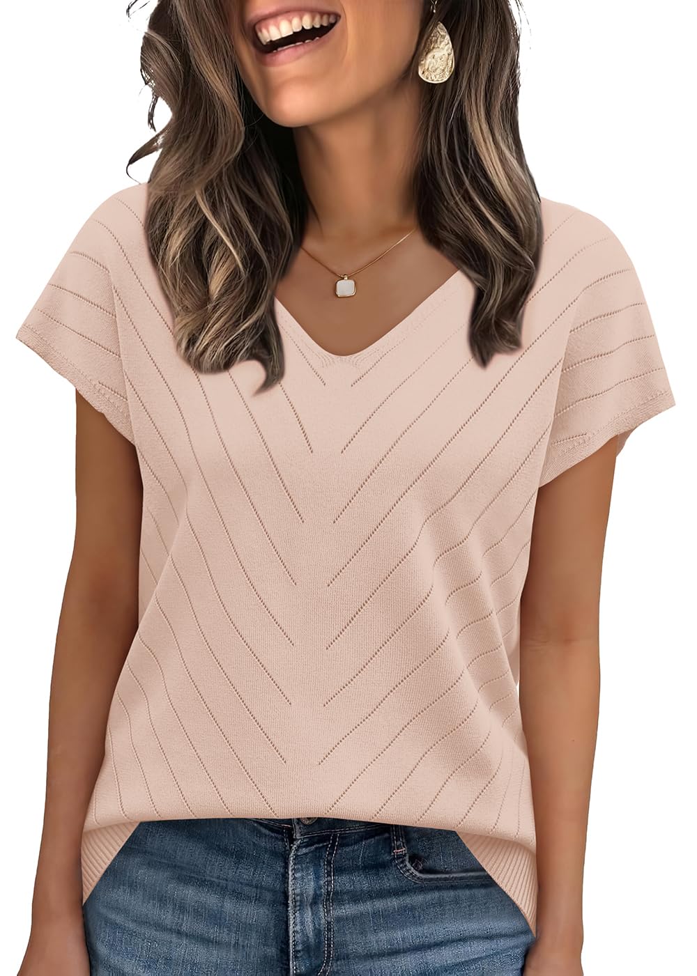 WIHOLL Short Sleeve Sweater for Women V Neck Trendy Summer Tops 2025 Beach Vacation Clothes Travel Business Casual Outfits - 7DAY'S