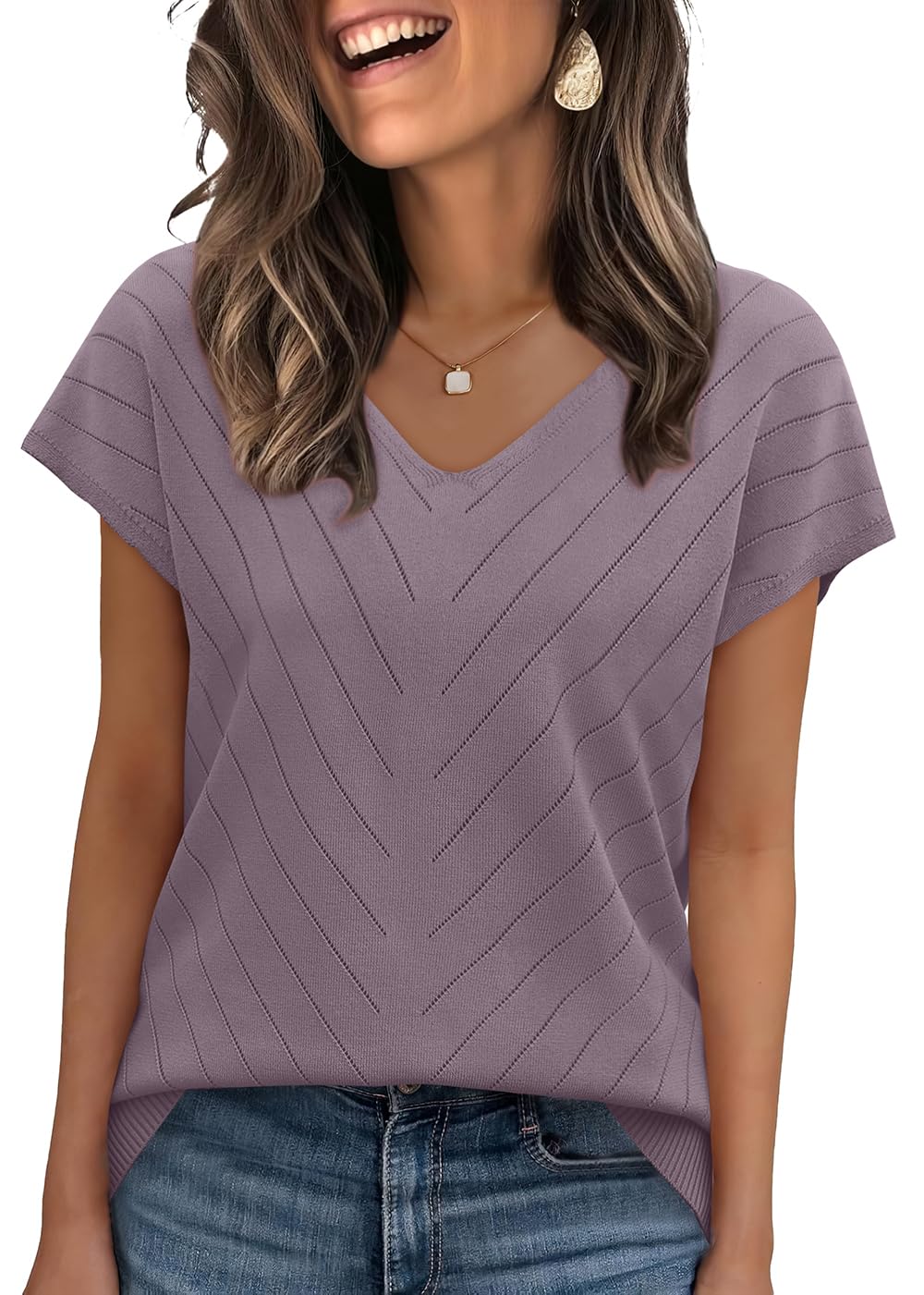 WIHOLL Short Sleeve Sweater for Women V Neck Trendy Summer Tops 2025 Beach Vacation Clothes Travel Business Casual Outfits - 7DAY'S