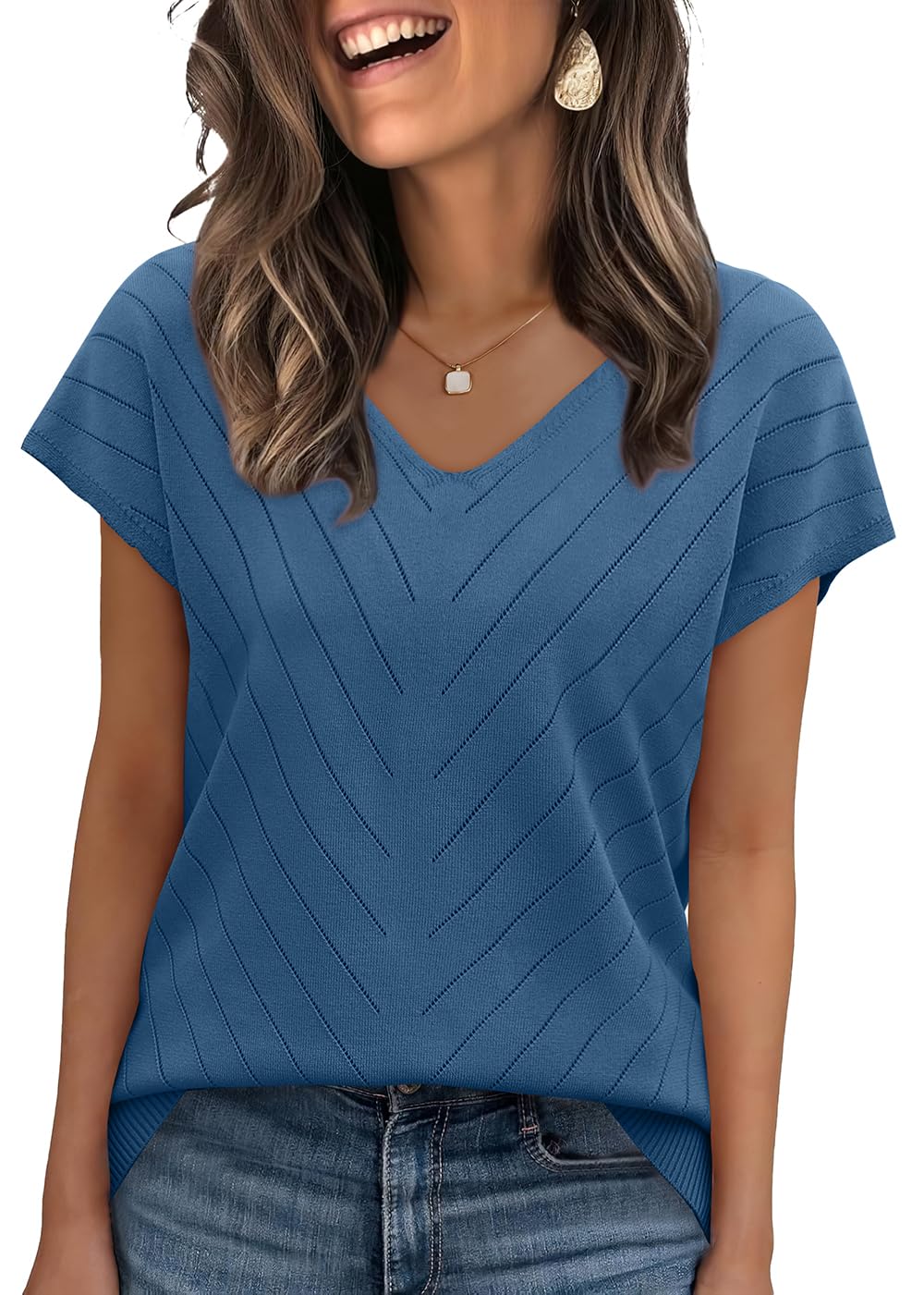 WIHOLL Short Sleeve Sweater for Women V Neck Trendy Summer Tops 2025 Beach Vacation Clothes Travel Business Casual Outfits - 7DAY'S