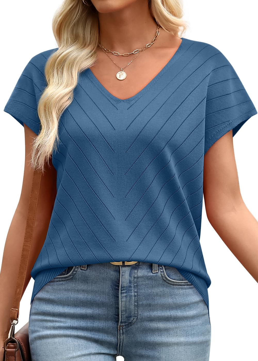 WIHOLL Short Sleeve Sweater for Women V Neck Trendy Summer Tops 2025 Beach Vacation Clothes Travel Business Casual Outfits - 7DAY'S