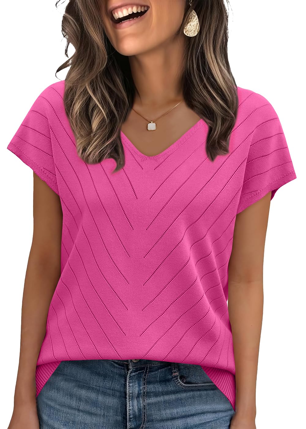 WIHOLL Short Sleeve Sweater for Women V Neck Trendy Summer Tops 2025 Beach Vacation Clothes Travel Business Casual Outfits - 7DAY'S