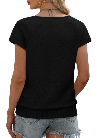 WIHOLL Short Sleeve Sweater for Women V Neck Trendy Summer Tops 2025 Beach Vacation Clothes Travel Business Casual Outfits - 7DAY'S