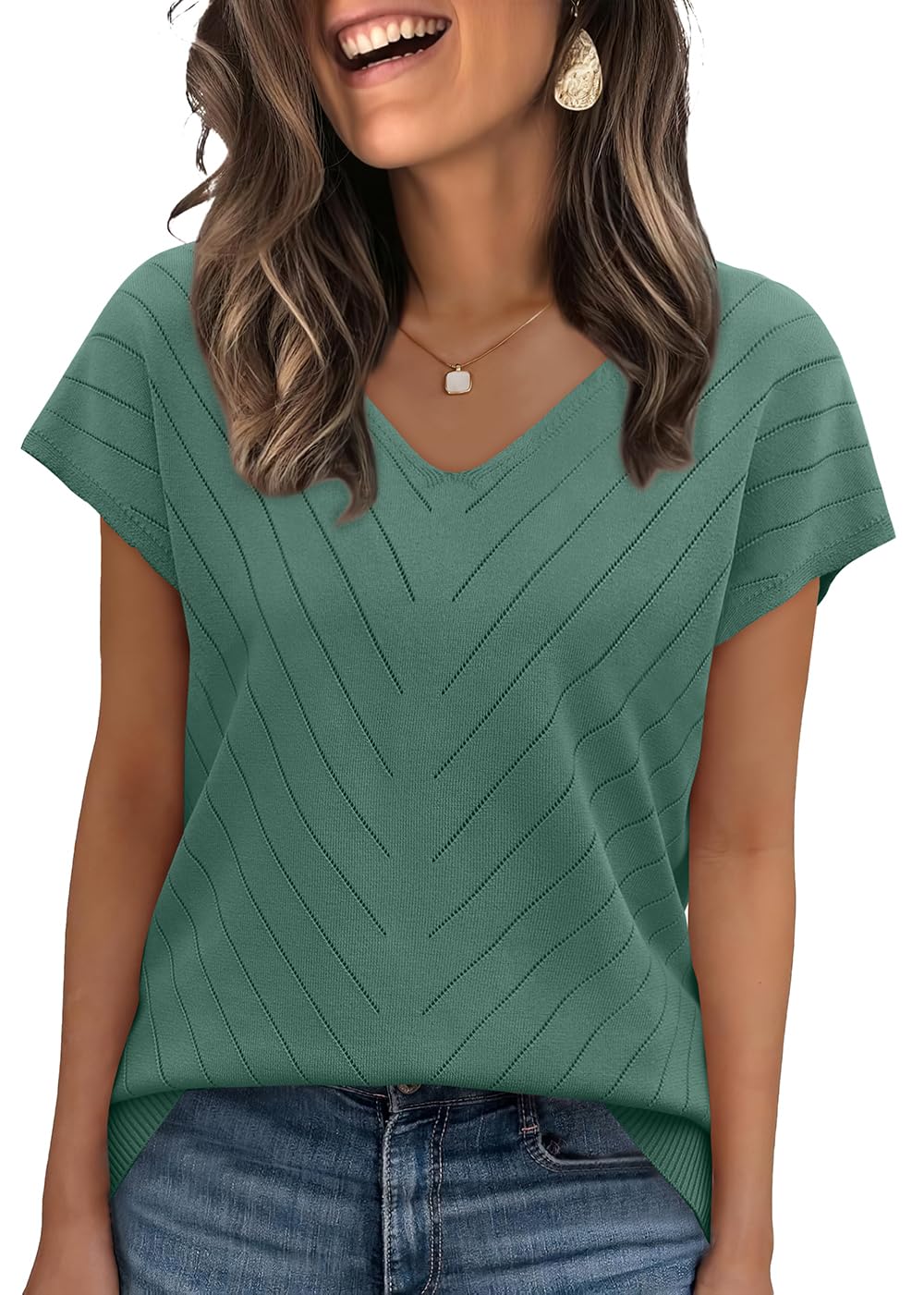 WIHOLL Short Sleeve Sweater for Women V Neck Trendy Summer Tops 2025 Beach Vacation Clothes Travel Business Casual Outfits - 7DAY'S