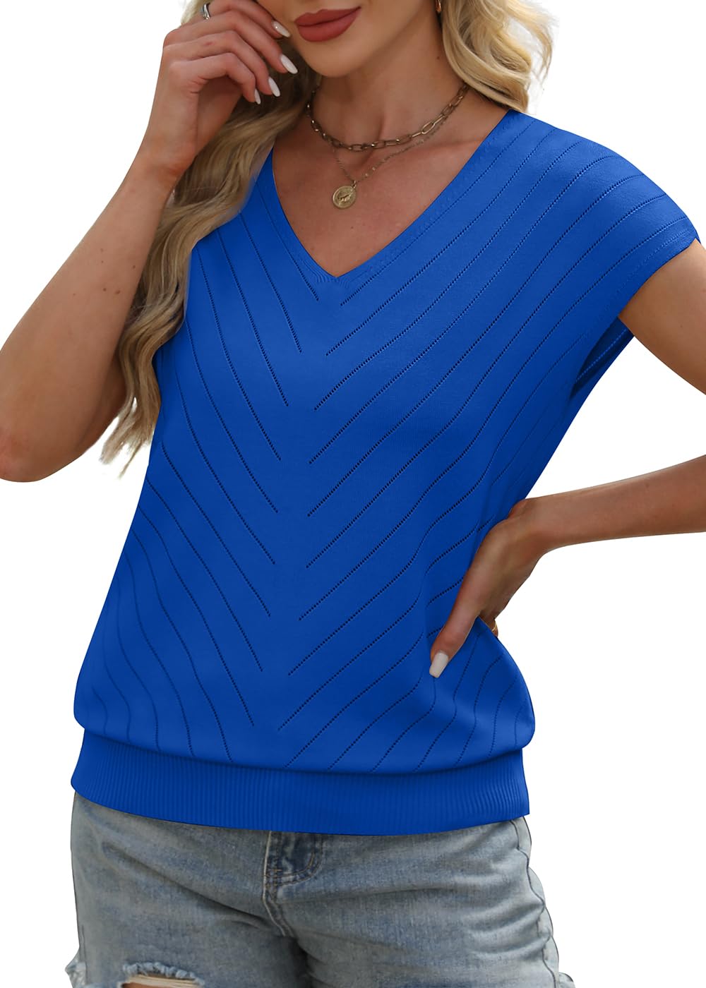 WIHOLL Short Sleeve Sweater for Women V Neck Trendy Summer Tops 2025 Beach Vacation Clothes Travel Business Casual Outfits - 7DAY'S