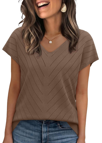 WIHOLL Short Sleeve Sweater for Women V Neck Trendy Summer Tops 2025 Beach Vacation Clothes Travel Business Casual Outfits - 7DAY'S
